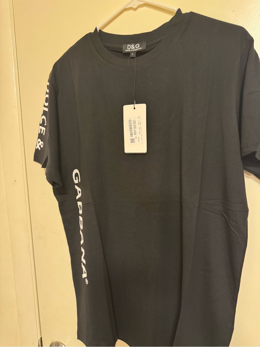 D&G Black Tee with White Vertical 'GABBANA' Logo